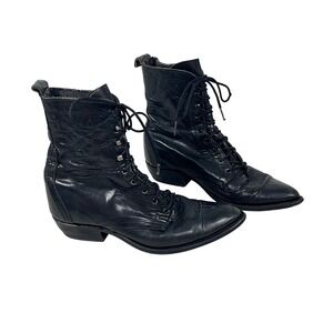 Code West Western‎ Cowgirl Black Leather Lace Up Pointed Toe Ankle Boots 5.5